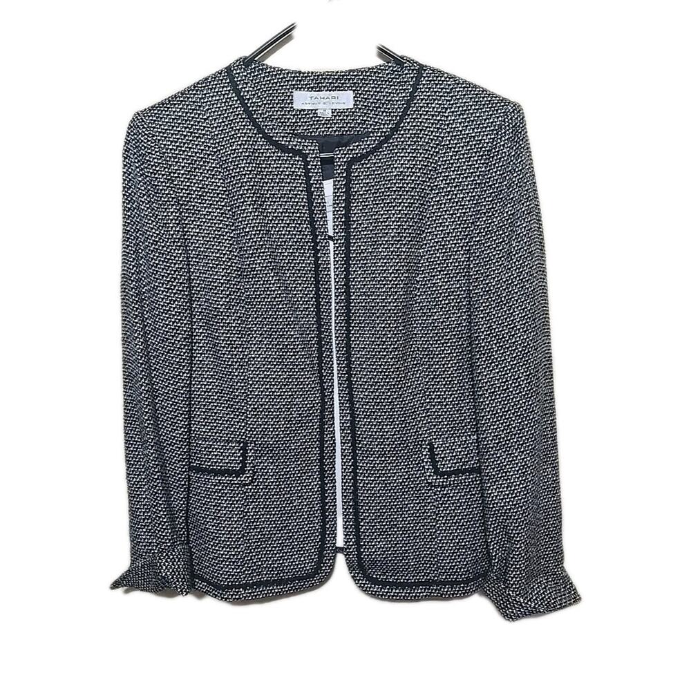 Vtg Tahari Black White Silk Blend Open Front Career Casual Blazer Womans Size 14